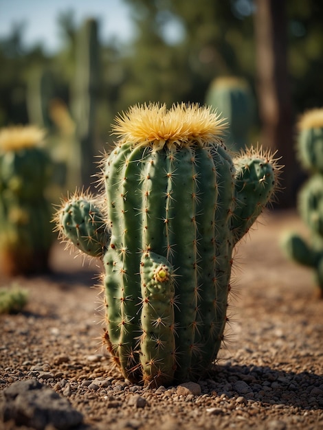 a cactus with a yellow cap is growing on the top of it