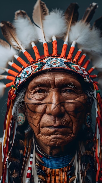 A close up of a man wearing a native american headdress