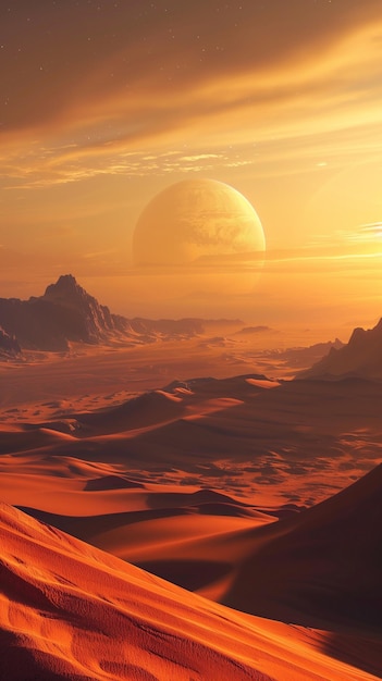 Desert landscape on alien planetsand dunes and sun set in background Science fiction scene