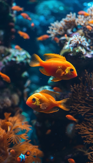 Group of fish swimming in coral reef in underwater natural environment