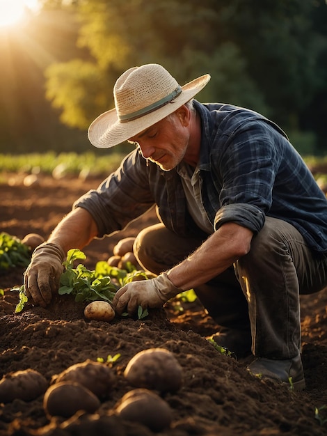 Happy male farmer holding fresh beautiful potato growing in fertile soil on farm bed