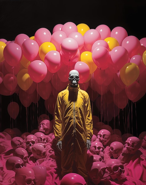 a man in a yellow robe stands in front of a bunch of balloons with the words  death  on the bottom