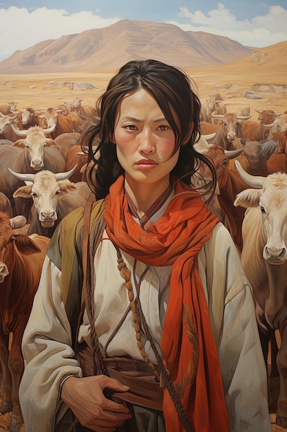 a painting of a woman with a red scarf and a cow in the background