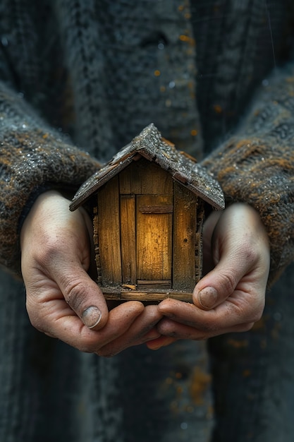 Person holding tiny wooden house