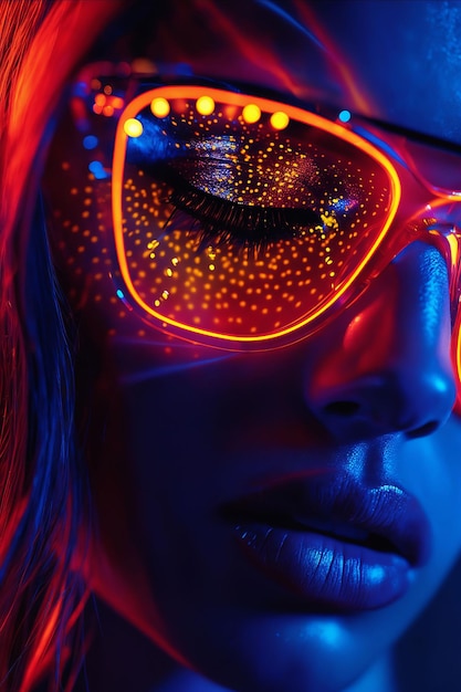 A woman wearing neon glasses with stars on her face